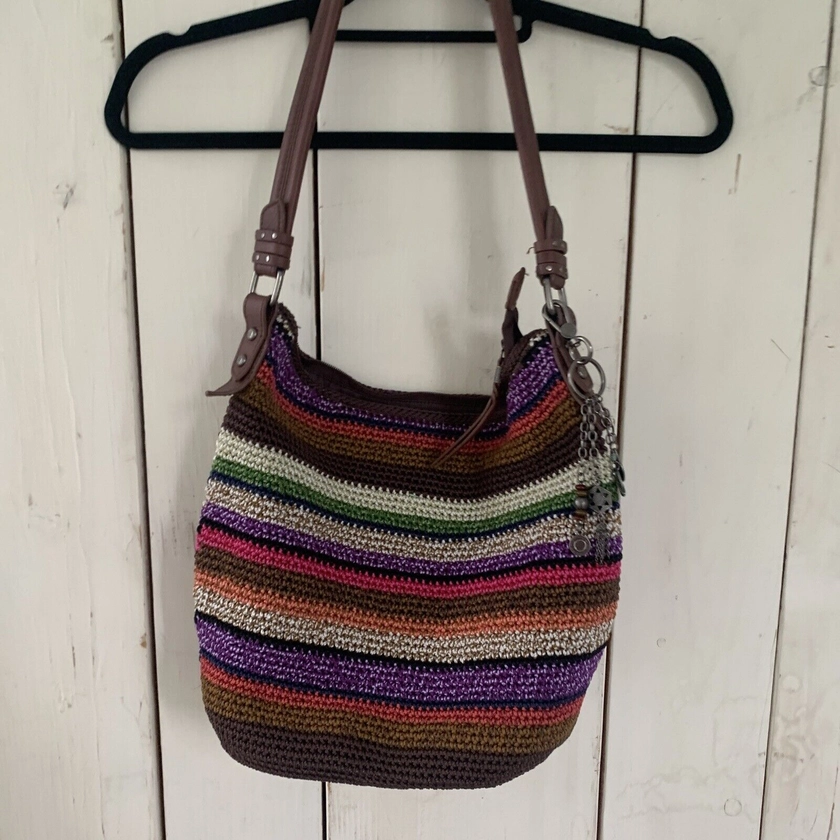 The Sak Crochet Shoulder Bag, Multi-Color Purple, Brown, Pink, Green, Key Chain