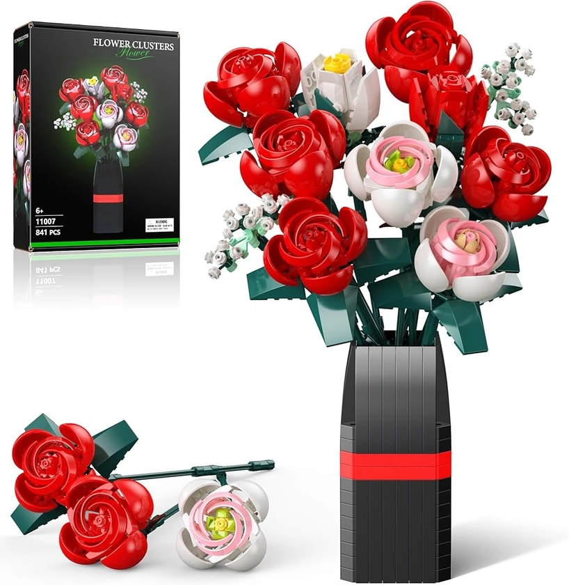 Construction de Bouquet de Fleurs, 841 PCS - 11 Rose Collection Botanique Fleur Éternelles avec Vase - Cadeau de Saint-Valentin, Anniversaire, Fête des Mères pour Adultes et Enfants Femmes