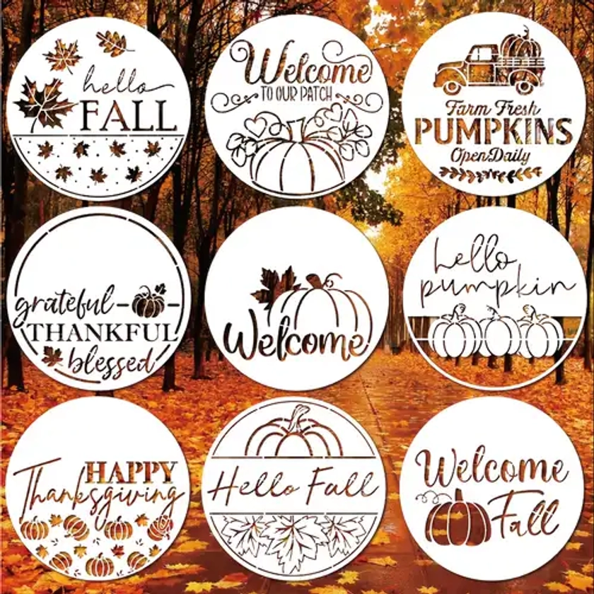 9pcs Fall Stencils, Reusable 12x12Inch Round Large Fall Stencils For Painting On Wood, Pumpkin Stencils Maple Leaf Stencils For Door Hanger Fall Wreat