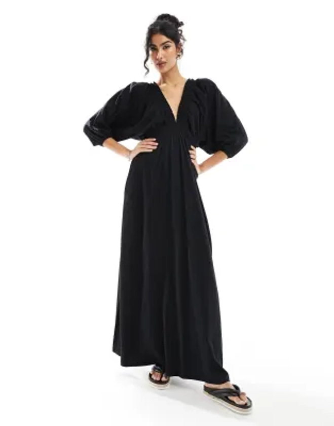 ASOS DESIGN - Robe rétro mi-longue à décolleté avec liens élastiques et taille froncée - Noir