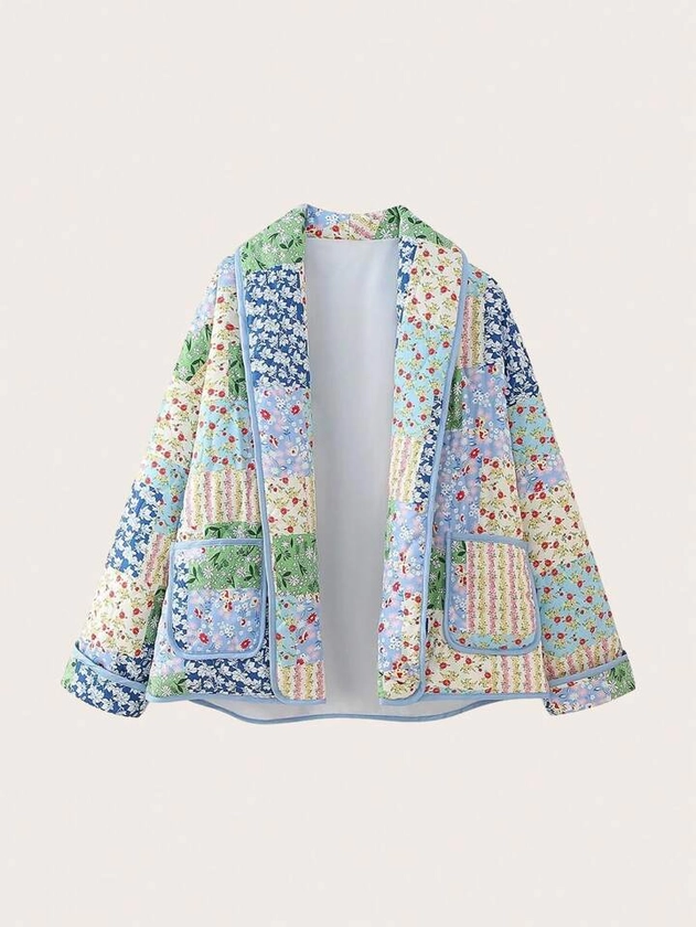 Veste À Imprimé Floral À Double Poche Avec Col Châle Et Doublure Matelassée