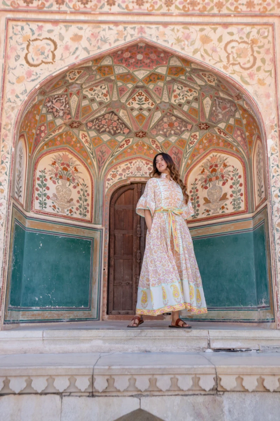 FINAL SALE Palladio Kaftan Dress | Soft Pink/Saffron/Aqua Boteh Print