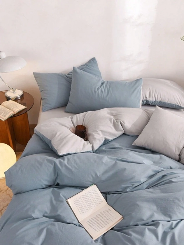 Blue Gray Double-sided Skin-friendly Flannel Bedding Set (duvet Cover, Bedsheet, Pillowcase)