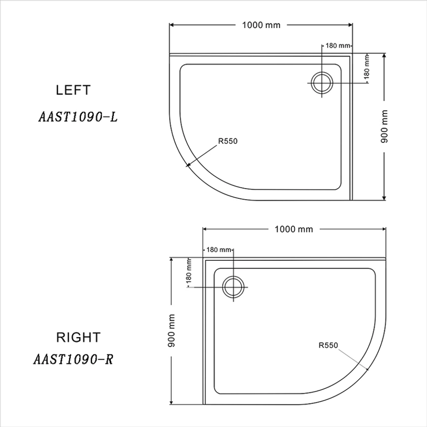 ELEGANT Light Weight Urethane-Marble 90 x 100 cm Shower Bases Drain is on the Left Side