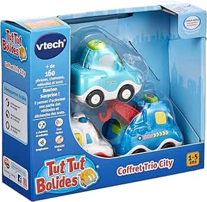 VTech - Tut Tut Bolides, Coffret Trio City, 3 Voitures Interactives, Berline, Dépanneuse et Ambulance, Jouet Musical et Sonore, Cadeau Enfant de 1 An à 5 Ans - Contenu en Français