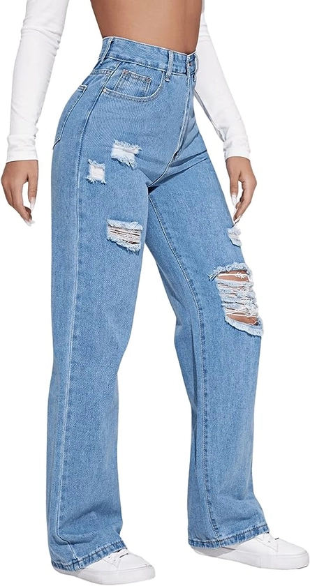 SweatyRocks Women's High Waisted Ripped Boyfriend Jeans Distressed Denim Pants with Pockets