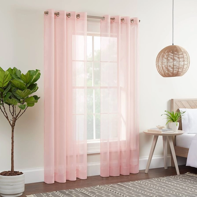 ECLIPSE Kiara Modern Sheer Voile Light Filtering Grommet Window Curtains for Bedroom (2 Panels), 54 in x 84 in, Blush Pink