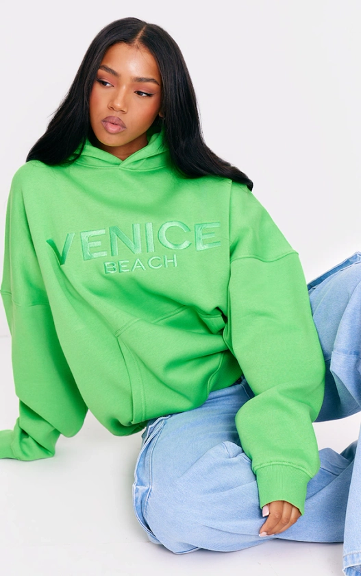 Bright Green Venice Embroidered Hoodie | Tops