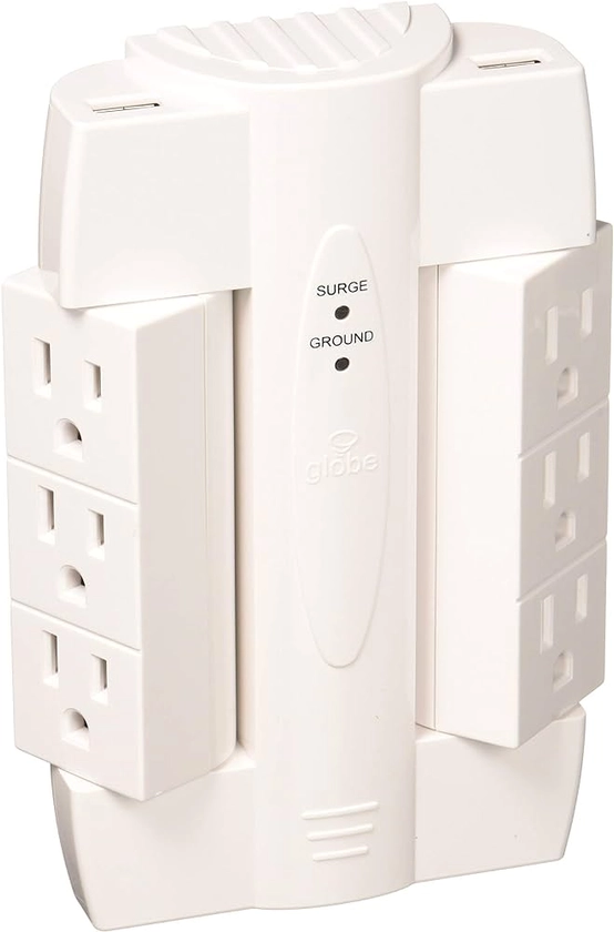 Amazon.com: Globe Electric 7791301 6-Outlet Swivel Space Saving 2 USB Port Surge Protector Wall Tap, Android, iPad, iPhone, iPod Compatible, 2100 Joules, 2.1 AMP Charge, White, Multi Plug Outlet, Power Outlet : Electronics