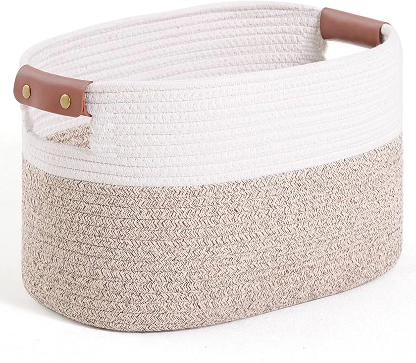 Woven Cotton Rope Storage Basket,Decorative Woven Basket,Decorative Baskets with Detachable Leather Handles for Closet Storage,Woven Baskets For Toy,Blanket,Book Storage (1PACK, Brown) : Amazon.co.uk: Home & Kitchen