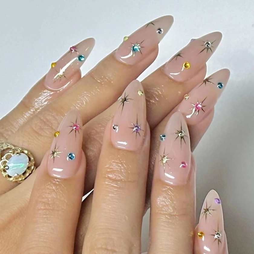 Short Almond Press on Nails Chrome Fake Nails Colorful Star Nails with Rhinestones Glitter Full Cover Stick on Nails Nude Pink False Nails Glue on Nails for Women Girls Acrylic Nails Decorations