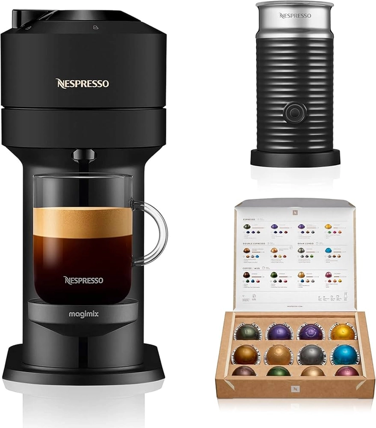 Nespresso Vertuo Next Automatic Pod Coffee Machine with Milk Frother for Espresso, Cappuccino and Latte by Magimix in Matt Black [Amazon Exclusive]