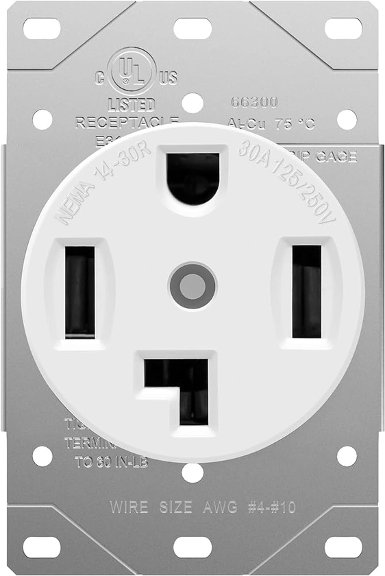 ENERLITES 30 Amp Electrical Dryer Outlet | NEMA 14-30R, Outdoor/Indoor, Flush Mount Receptacle, 3-Pole, 4 Wire, (10,8,6,4) AWG, Industrial Grade, 125/250V, 66300-W | White, 30A White (Pack of 1)
