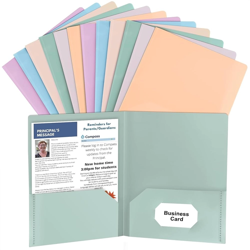 Amazon.com : HABGP 12 Pack Colored File Folders with Pockets and Business Card Holder, Pastel Decorative Pocket Folders for Documents, Cute Plastic Folders for Filing Cabinet, School, Office, Resume Portfolio : Office Products