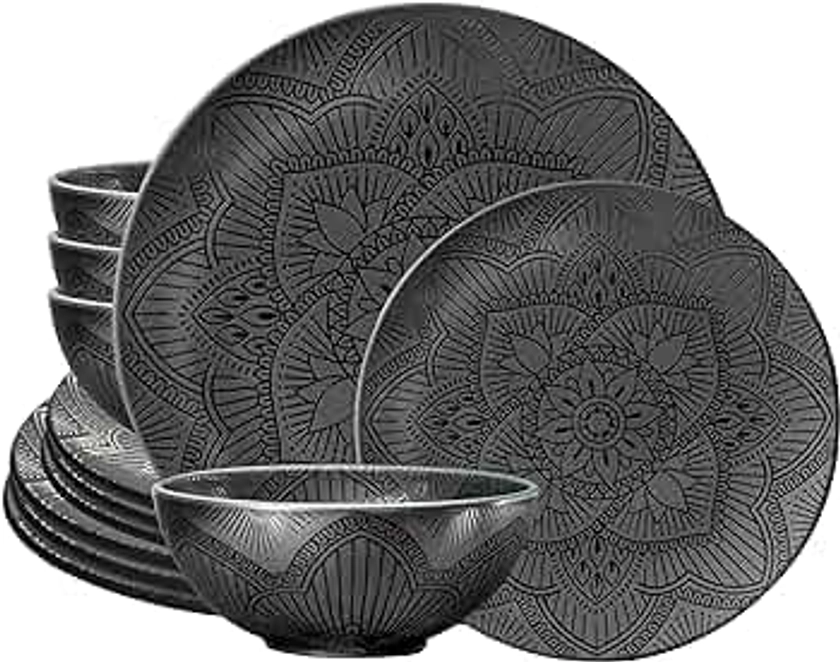 bzyoo 12 Piece Black Melamine Dinnerware Set - Durable, Dishwasher Safe Black Plates and Bowls - Ideals for Parties, Camping Dish Set La La Mandala Black