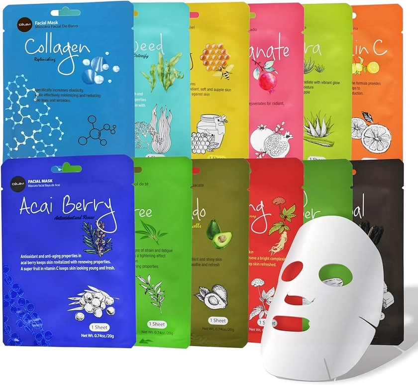Amazon.com : Celavi Essence Facial Sheet Face Mask Variety Set Classic Authentic Korean Moisturizing Skincare (12-Packs) : Beauty & Personal Care