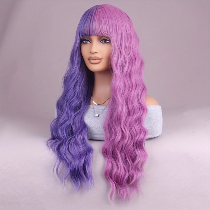 1pc Purple and Light * Matching Flat Fringe Wavy Wig Synthetic Heat Resistant Fiber Cosplay Party Wig (26 inches)