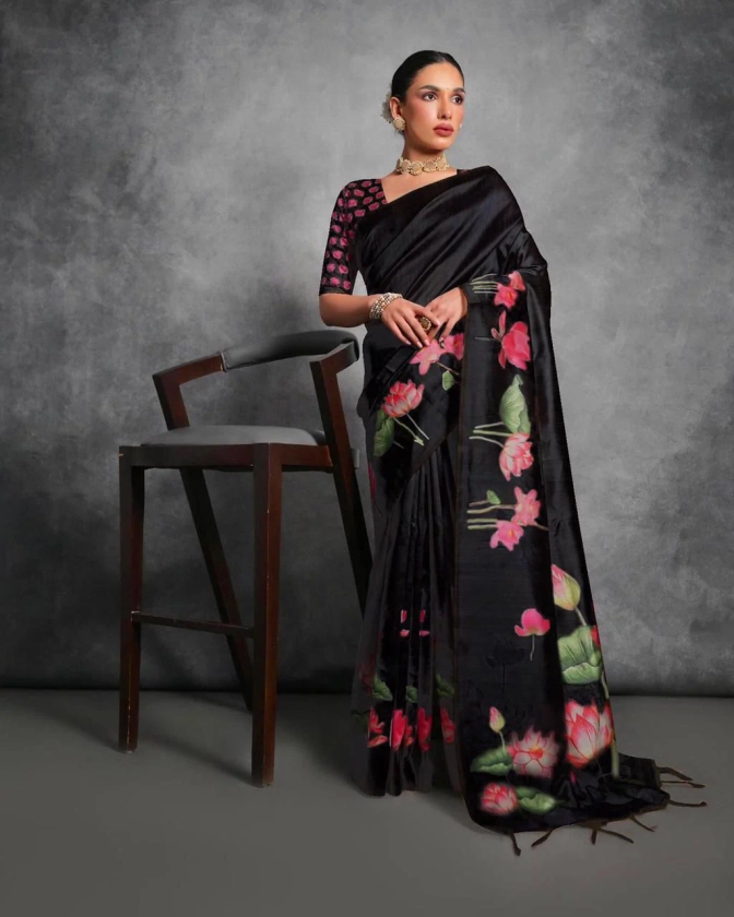 Black Tussar Silk Saree with Pichwai Digital Print