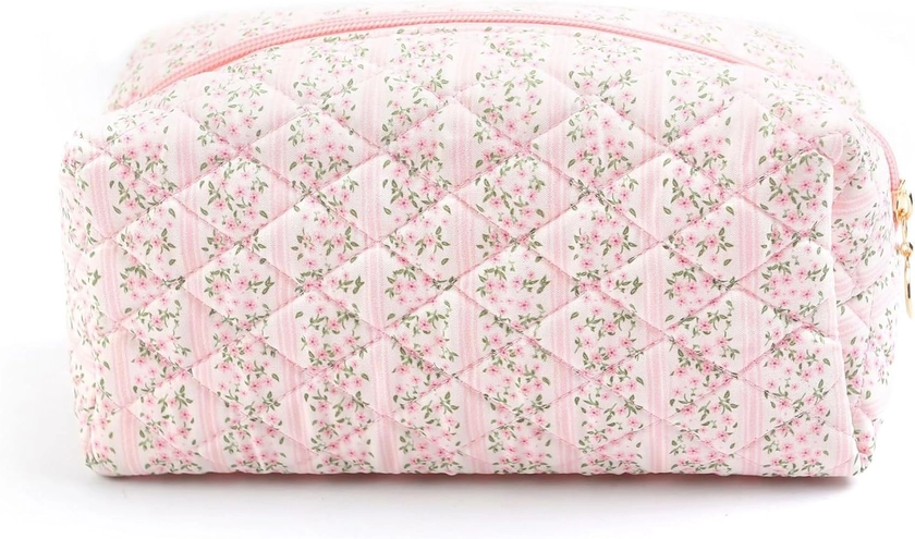 Floral Makeup Bag, Cute Quilted Makeup Toiletry Bag, Zipper Cosmetic Pouch, Daily Travel Use Skincare Bag, Multipurpose Organizer Bag (Blossom Blush Pink)