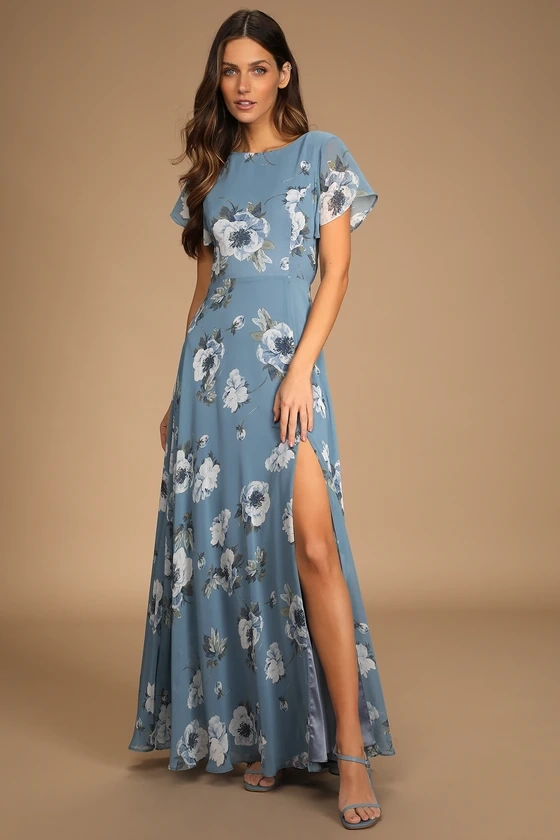 Classic Love Slate Blue Floral Print Tie-Back Maxi Dress