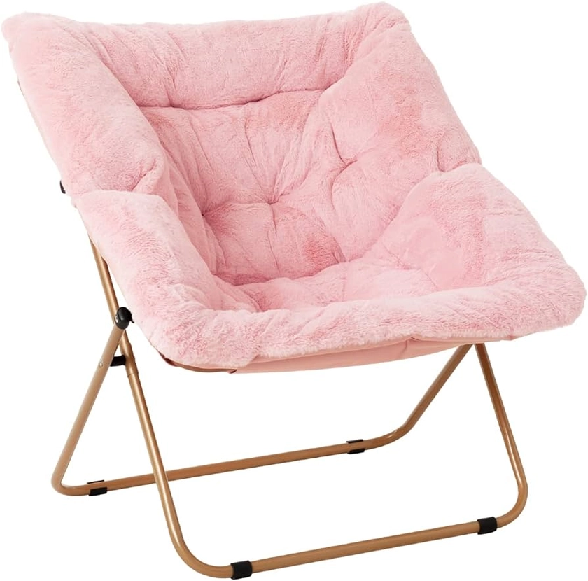 Tiita Comfy Saucer Chair, Soft Faux Fur Oversized Folding Accent Chair, Lounge Lazy Chair for Kids Teens Adults, Metal Frame Moon Chair for Bedroom, Living Room, Dorm Rooms, X-Large Pink