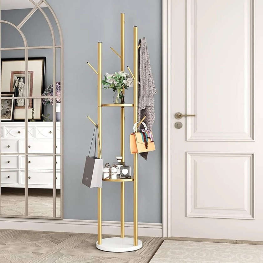 Gold Coat Rack Stand, Metal Coat Racks Tree Hanger Freestanding with 3 Storage Shelves and 9 High-grade Hooks and Stable Marble Base, for Jackets、Hat、Umbrella