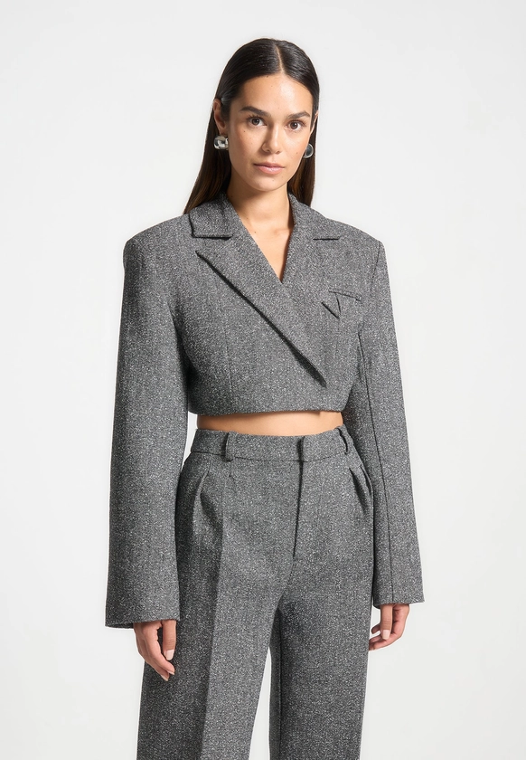 Tailored Wool Wide Shoulder Blazer - Grey