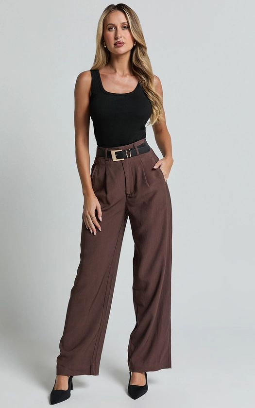 Augustus Pants - High Waisted Wide Leg Tailored Pants in Dark Oak