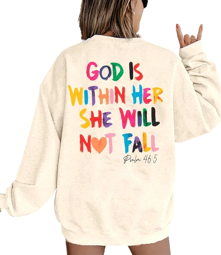 VILOVE Christian Sweatshirt Women Bible Verse Pullover Christian God Is Within Her Long Sleeve Inspirational Blouse Top Apricot at Amazon Women’s Clothing store