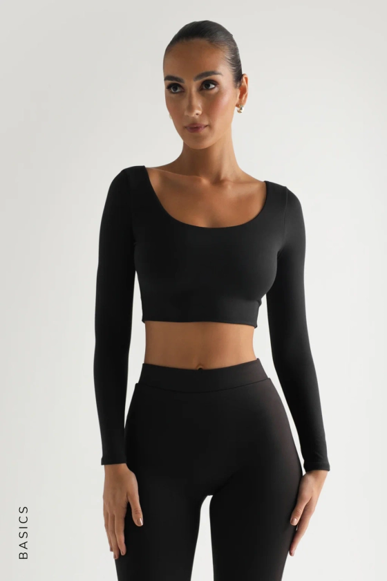 Round Neck Long Sleeve Crop Top - Black