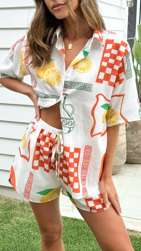 Charli Button Up Shirt and Shorts Set - Lemon / Papaya Print - Buy Women's Dresses - Billy J