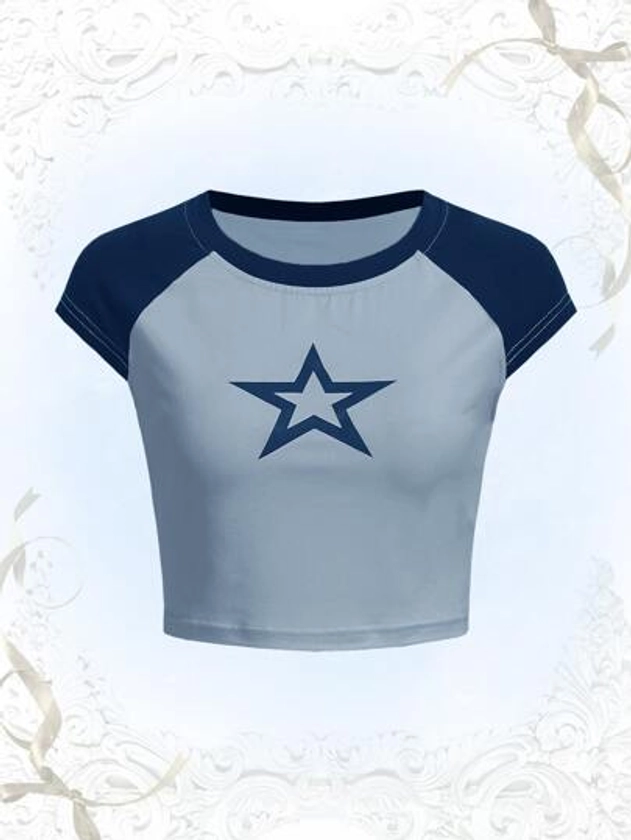 ROMWE Kawaii T-shirt à imprimé étoile à manches raglan