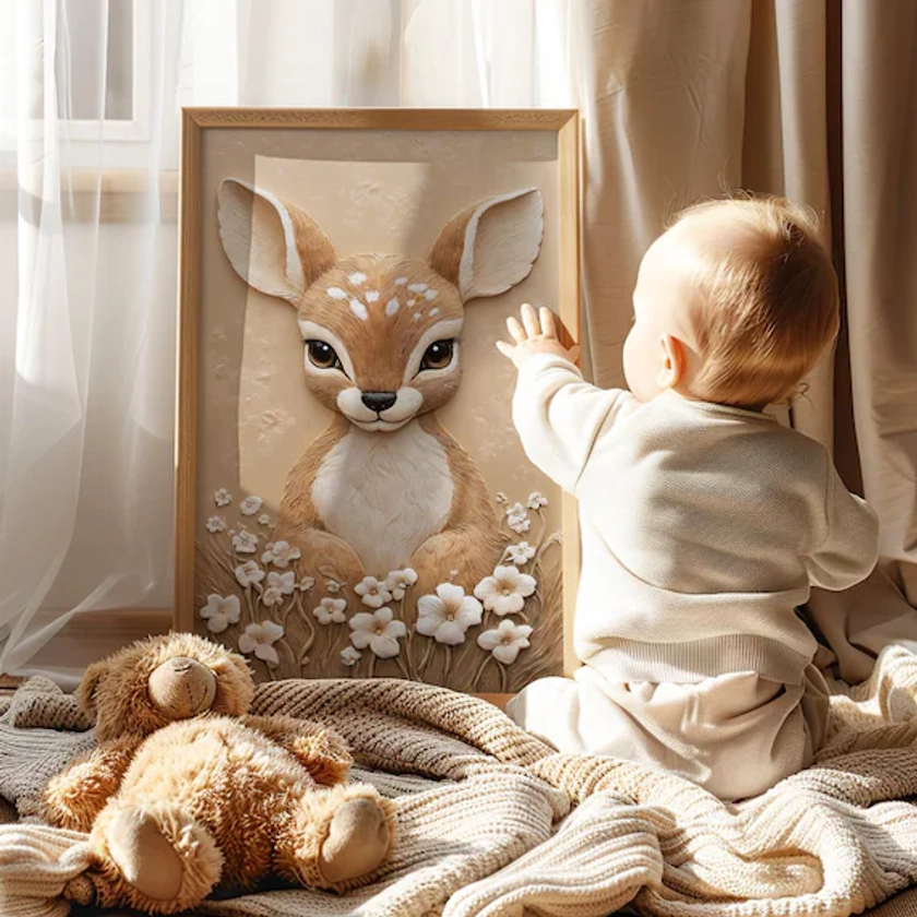 Décoration de chambre d&#39;enfant cerf, impression d&#39;art mural animaux de la forêt, décoration de salle de jeux pour enfants, imprimés nature sauvage blanc et beige neutres entre les sexes CA979