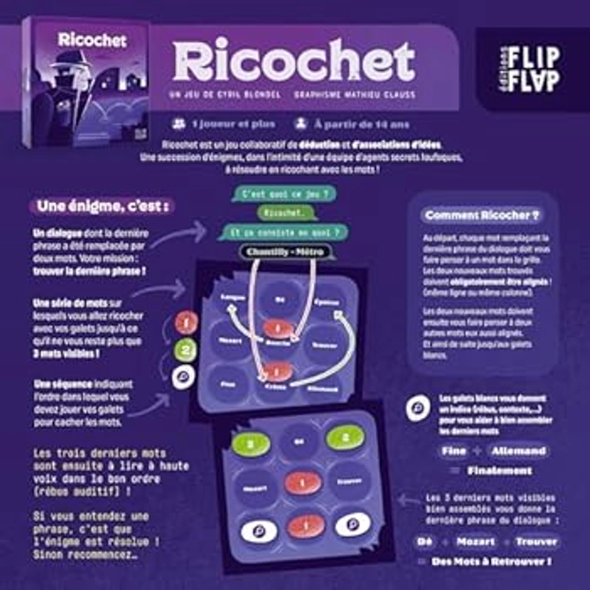 Flip Flap Ricochet - Op jacht naar de graaf Courant – gezelschapsspel – onderzoeks- en deductiespel – combinatie van ideeën – solo of coöperatief spel – 30 puzzels – woordspel – raadsels – rebus : Amazon.com.be: Speelgoed