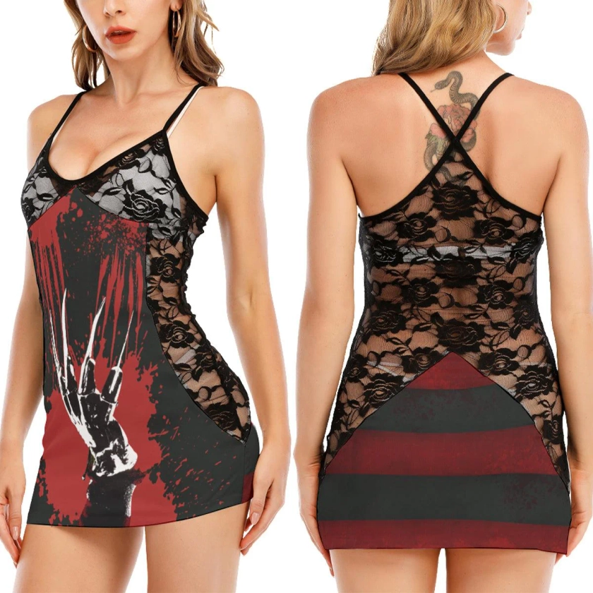 Horror Bloody Claw All-Over Print Women Black Lace Cami Dress, Sexy Sweet Dream Artwork Nightwear For Women