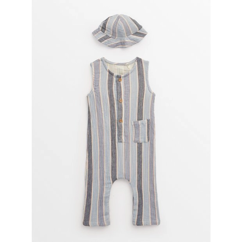 Buy Blue Stripe Woven Romper & Bucket Hat Set 6-9 months | All-in-ones and rompers | Tu