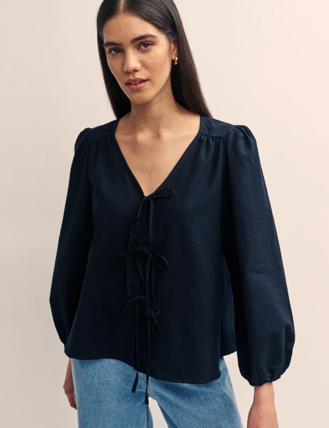 Black Linen-Blend Tie Front Bernadetta Blouse