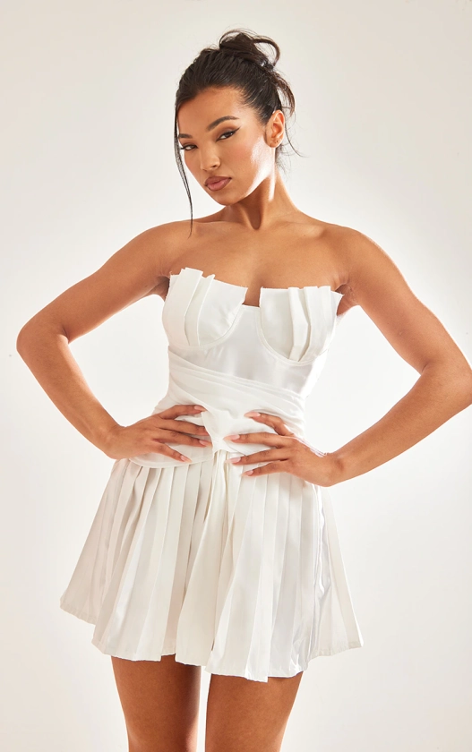 White Satin Bandeau Pleated Cup Detail Playsuit