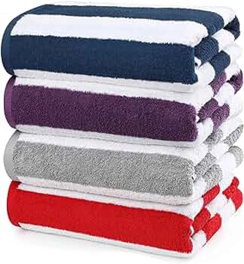 Utopia Towels [4 Pack Cabana Stripe Beach Towel, (30x60Inches) Oversized 100% Ring Spun Cotton Pool Towels, Highly Absorbent Quick Dry Bath Towels for Bathroom, and Swim Towel(Red, Navy, Grey, Plum)