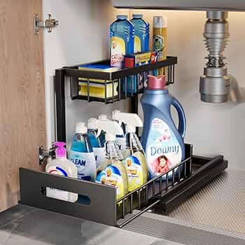 Tomekji Metal Under Sink Storage - 2 Tier Under Sink Storage Kitchen Organiser with Sliding Storage Drawer - Under Sink Organiser with Upgrade Suction Cups Stay On Cupboard Firmly Plus Size