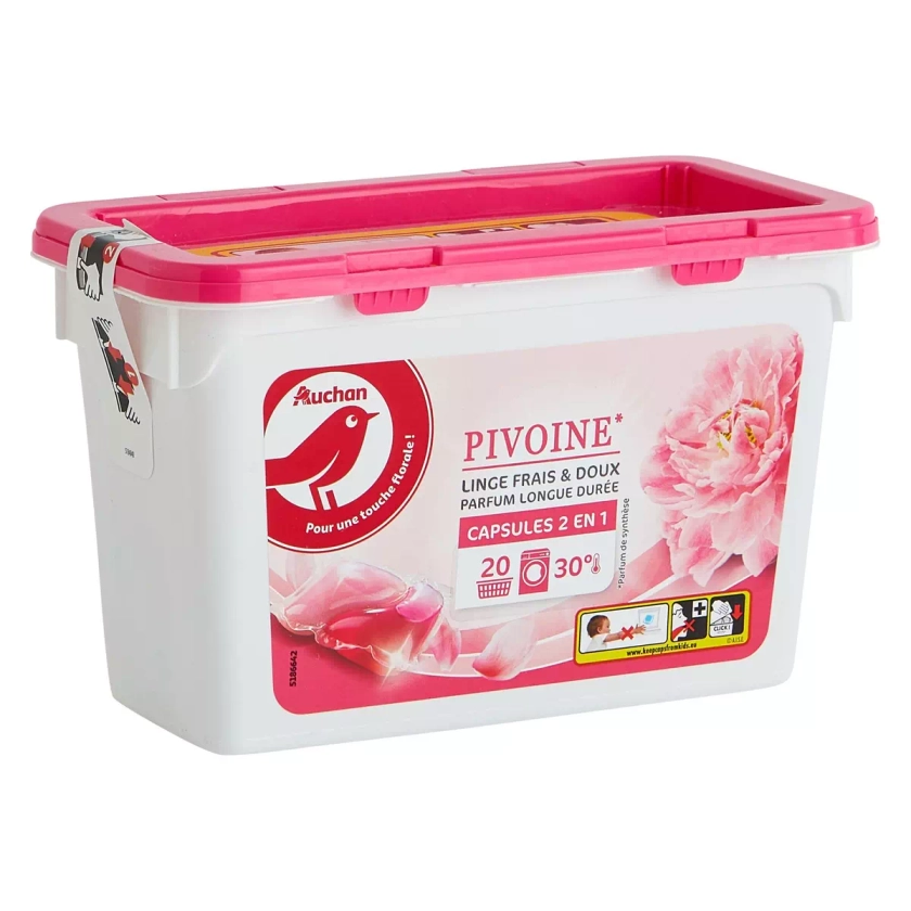 AUCHAN Capsules de lessive 2 en 1 pivoine parfum longue durée 20 capsules