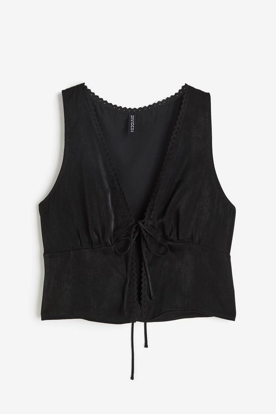 Débardeur en satin avec liens à nouer - Encolure en V - Sans manches - Noir - FEMME | H&M FR