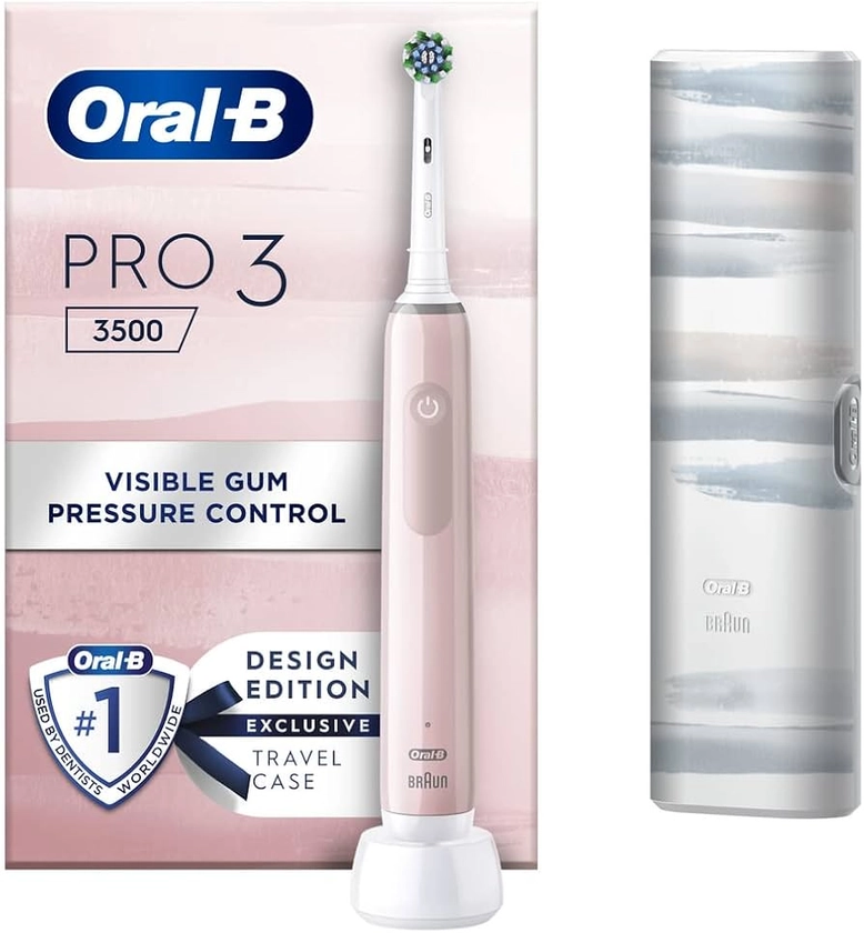 Oral-B Pro 3 Electric Toothbrushes Adults, 1 Toothbrush Head & Travel Case, 3 Modes with Teeth Whitening, 2 Pin UK Plug, Pink