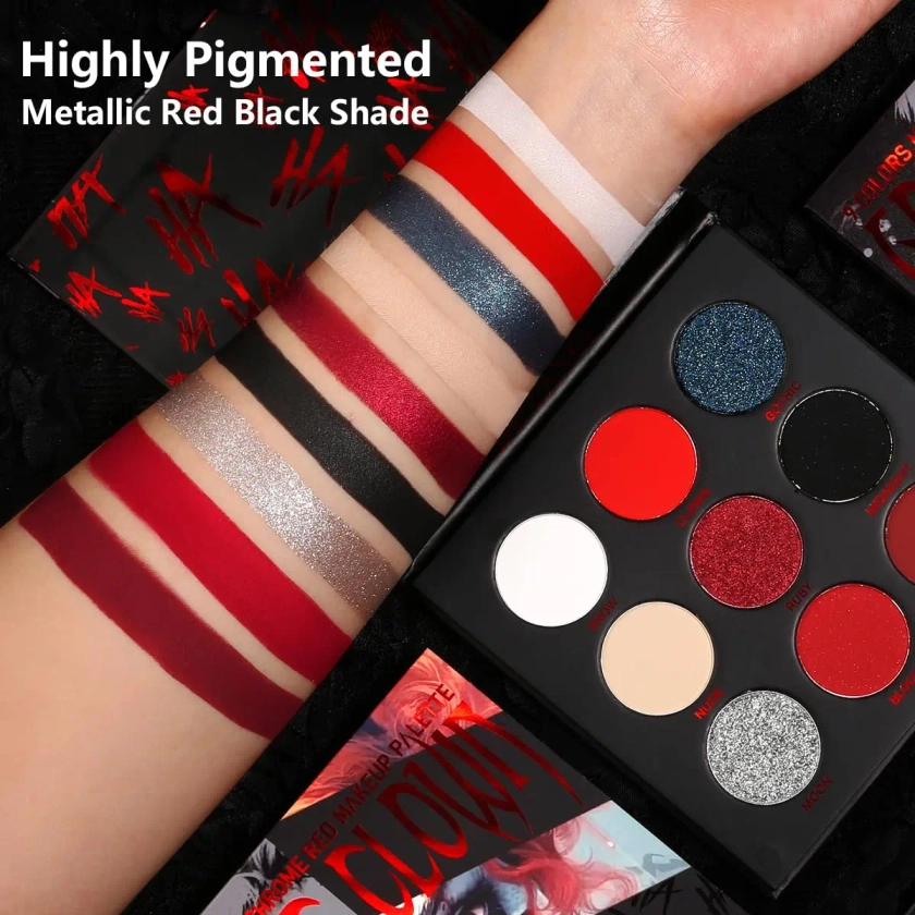 Paleta de sombras de ojos, color negro oscuro y rojo, maquillaje gótico de payaso para Halloween, paleta de maquillaje de sombra de ojos con purpurina plateada blanca - AliExpress