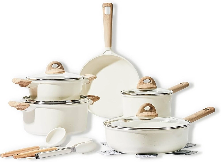 CAROTE 14 Pièces Lot Poele et Casserole Induction, Poêle à Frire 24cm, Casseroles 18cm/20cm/24cm, Sauteuse 28cm, Revêtement Antiadhésif, Batterie de Cuisine avec Couvercle, Ustensile de Cuisines