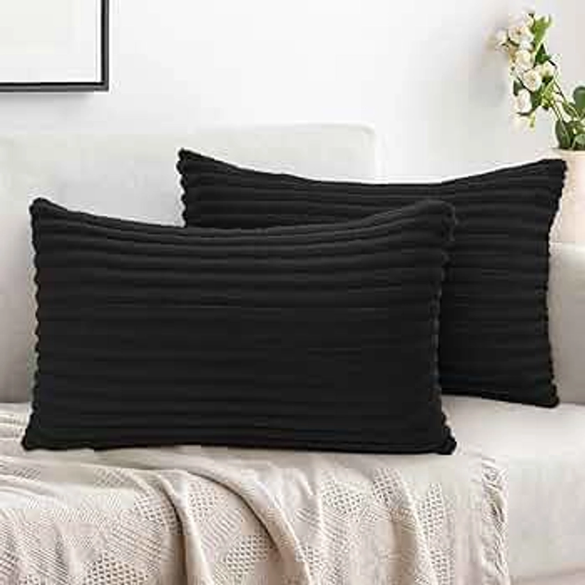 Simmore Decorative Throw Pillow Covers 12x20 Set of 2, Soft Plush Flannel Double-Sided Fluffy Lumbar Pillow Covers for Couch Sofa Living Room Home Decor, Black