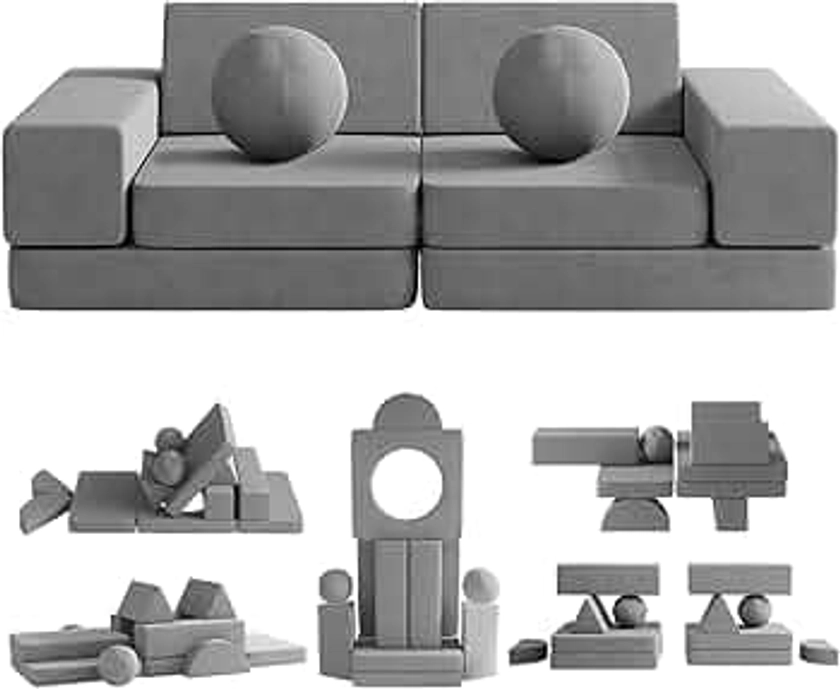 Kids Couch, 12PCS Toddler Couch with 2 Balls and Tunnel, Modular Kids Couch for Playroom, Kids Play Couch for Kickball Game, 30+ Creative Gameplay Couch for Kids (Darkgray)