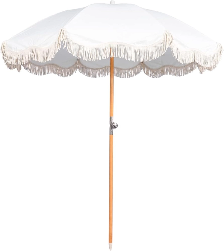6.5ft Boho Beach Umbrella with Fringe, UPF 50+ Tassel Umbrellas with Carry Bag, Premium Wood Pole Foldable Patio Umbrella for Outdoor Holiday Garden Lawn Pool Yard Table