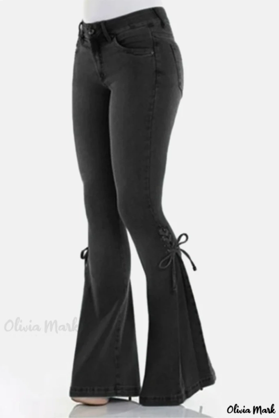 Olivia Mark – Mid Waist Wide Leg Bottoms in Black with Solid Patchwork and Cross Straps for Casual Street Style