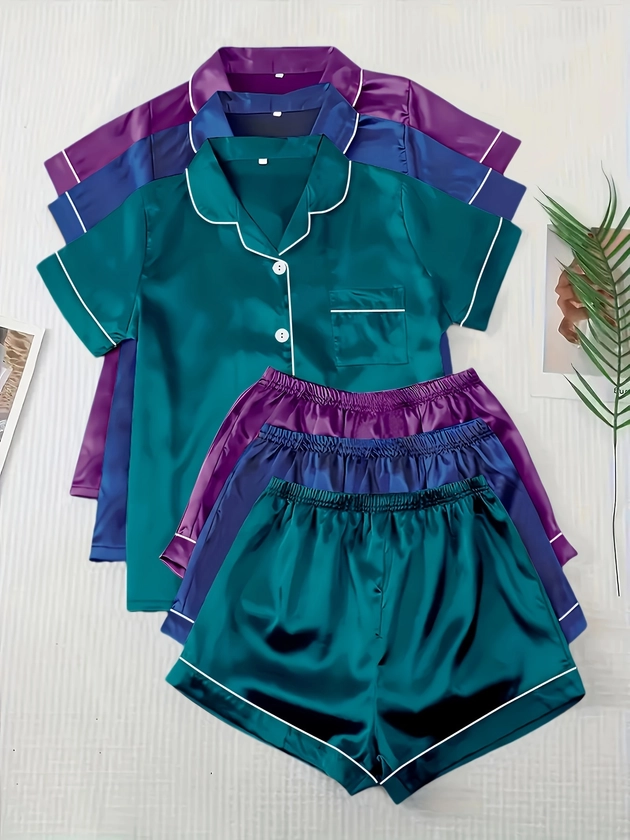 Women' Satin Casual Pajama Set Short Sleeve Buttons - Temu